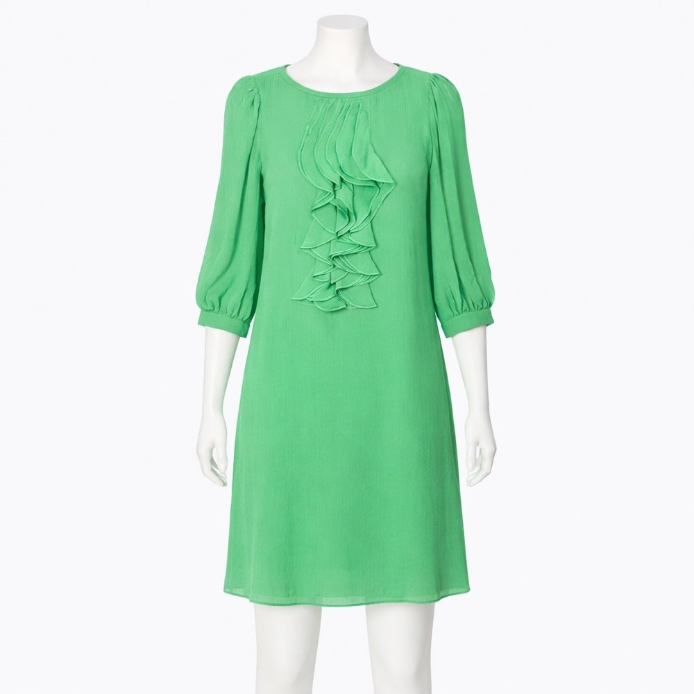 Tibi Silkโ Ruffle Front Shift Dress Womens 2 Green 3/4 Puff Sleeve Mini Cocktail